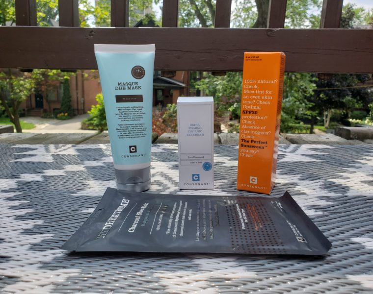 Consonant Skincare travel carry-on face masks, eye cream, sunscreen