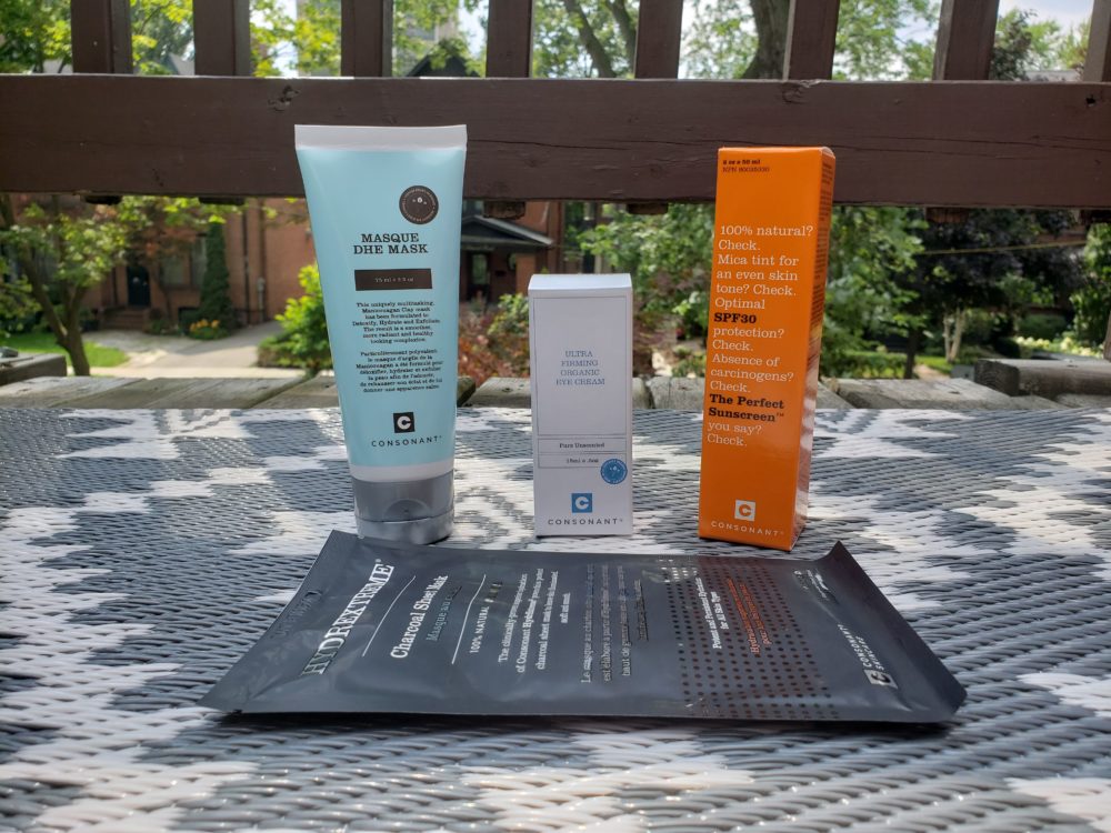 Consonant Skincare travel carry-on face masks, eye cream, sunscreen