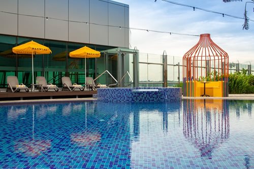 Outdoor rooftop swimming pool and jacuzzi at Aerotel Transit Hotel Singapore Changi Airport