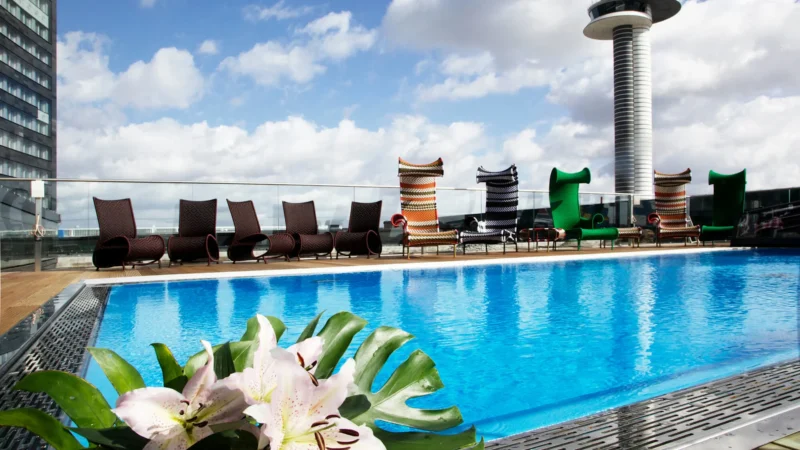 Outdoor heated rooftop pool at Clarion Hotel Arlanda Airport in Stockholm