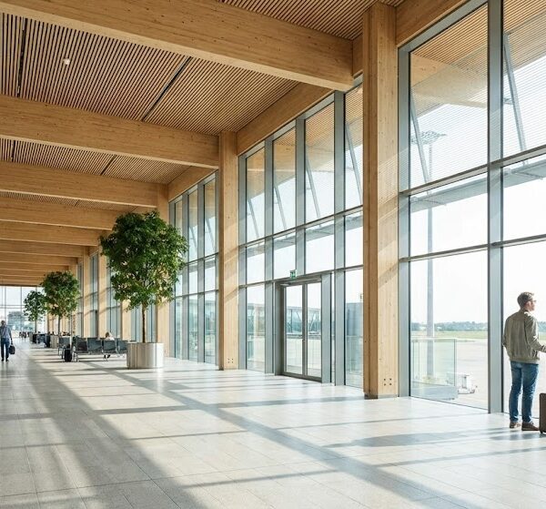 A wide-angle view of a calm, modern terminal interior, representative of locations on the global Silent Airports List 2026, with a solitary traveler looking out a large window.