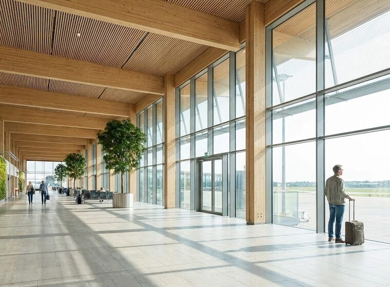 A wide-angle view of a calm, modern terminal interior, representative of locations on the global Silent Airports List 2026, with a solitary traveler looking out a large window.