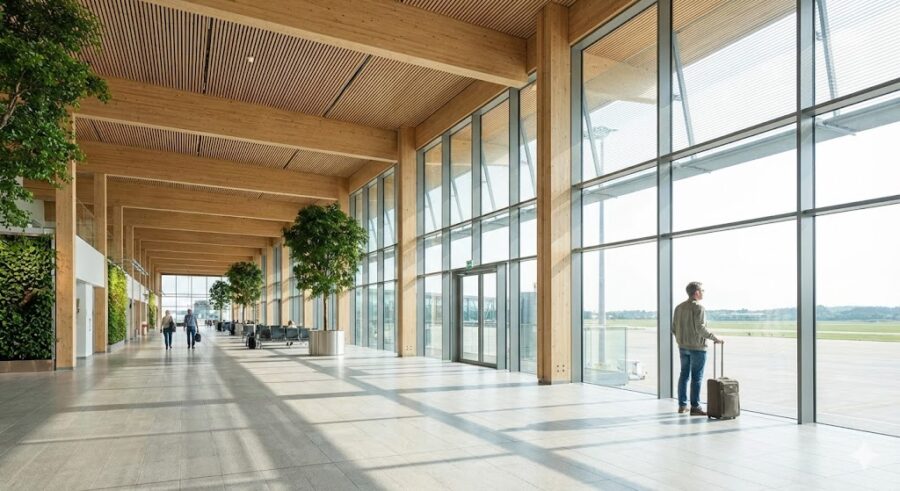 A wide-angle view of a peaceful, modern silent airport terminal with high wood ceilings, large glass windows, and indoor greenery. A solitary traveler with luggage looks calmly out at the airfield.