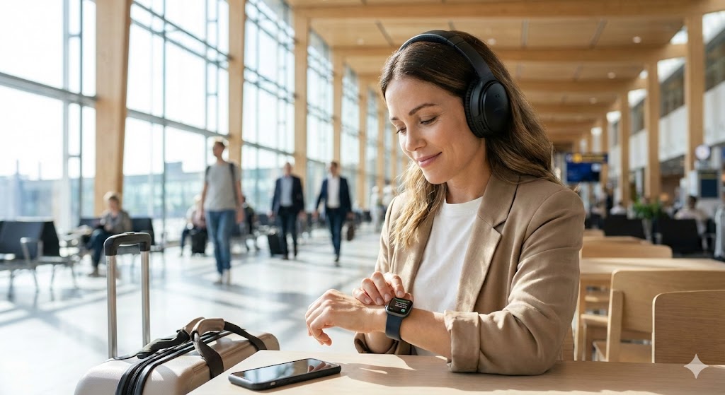 A calm traveler wearing noise-canceling headphones checks flight notifications on her smartwatch in a modern, sunlit silent airport terminal.